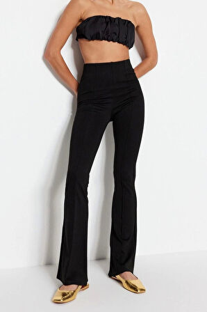 Kadın Moda İspanyol Paça Uzun Boy Örme Nervürlü Beli Lastikli Flare Yüksek Bel Örme Pantolon