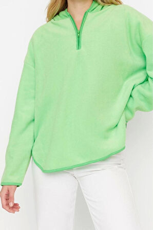 Kadın Moda Şık Bol Kapüşonlu Düşük Kol Uzun Kalın Polar ve Fermuarlı Geniş Kalıp Örme Sweatshirt