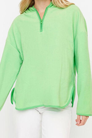 Kadın Moda Şık Bol Kapüşonlu Düşük Kol Uzun Kalın Polar ve Fermuarlı Geniş Kalıp Örme Sweatshirt