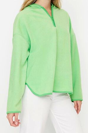 Kadın Moda Şık Bol Kapüşonlu Düşük Kol Uzun Kalın Polar ve Fermuarlı Geniş Kalıp Örme Sweatshirt