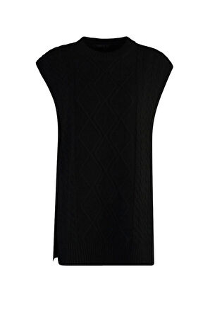 Kadın Moda Şık Tesettür Bisiklet Yaka Düşük Kol Midi Beli Bağlamalı Saç Örgülü Triko Süveter