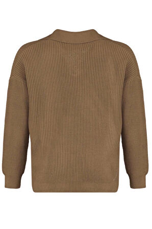 Kadın Büyük Beden Moda Şık Regular Polo Yaka Uzun Kol Düz Gömlek Yaka Selanik Örgü Triko Kazak