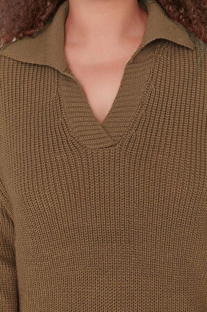 Kadın Büyük Beden Moda Şık Regular Polo Yaka Uzun Kol Düz Gömlek Yaka Selanik Örgü Triko Kazak