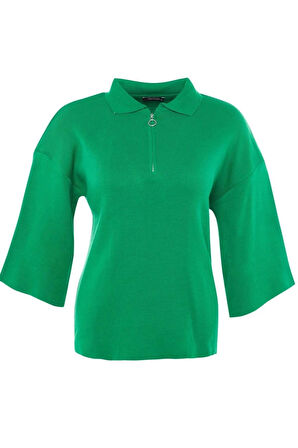 Kadın Büyük Beden Moda Şık Regular Polo Yaka Uzun Kol Düz Polo Yaka Fermuar Detaylı Triko Kazak