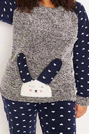 Büyük Beden Kadın Polyester Bisiklet Yaka Uzun Kol Welsoft Pijama Takımı