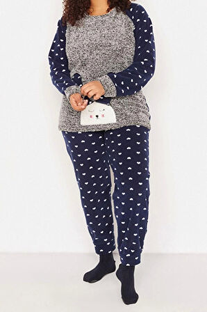 Büyük Beden Kadın Polyester Bisiklet Yaka Uzun Kol Welsoft Pijama Takımı