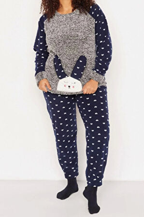Büyük Beden Kadın Polyester Bisiklet Yaka Uzun Kol Welsoft Pijama Takımı