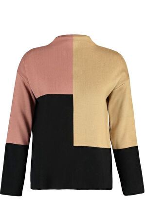 Kadın Tesettür Moda Şık Regular Dik Yaka Uzun Kol Renk Bloklu Dik Yaka Triko Kazak