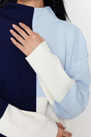 Kadın Tesettür Moda Şık Regular Dik Yaka Uzun Kol Renk Bloklu Dik Yaka Triko Kazak