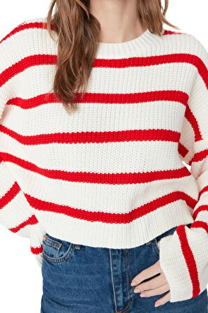 Kadın Moda Şık Crop Bisiklet Yaka Uzun Kol Çizgili Crop Basic Triko Kazak