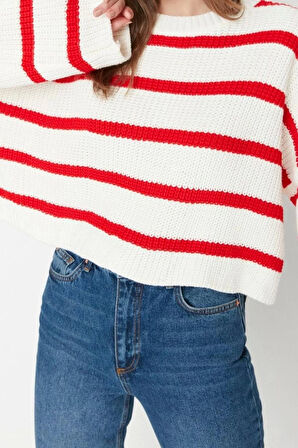 Kadın Moda Şık Crop Bisiklet Yaka Uzun Kol Çizgili Crop Basic Triko Kazak