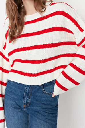 Kadın Moda Şık Crop Bisiklet Yaka Uzun Kol Çizgili Crop Basic Triko Kazak