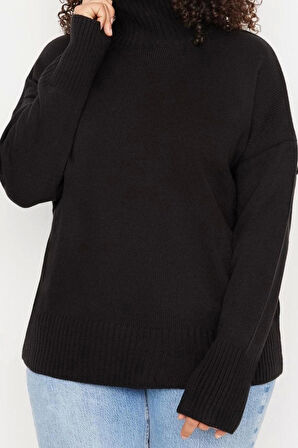 Kadın Büyük Beden Moda Şık Uzun Yarım Balıkçı Yaka Uzun Kol Düz Düşük Kol Triko Kazak