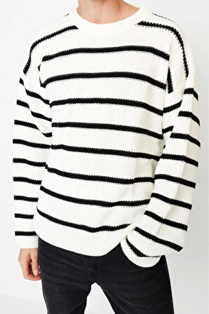 Erkek Moda Şık Regular Bisiklet Yaka Uzun Kol Çizgili Oversize Triko Kazak