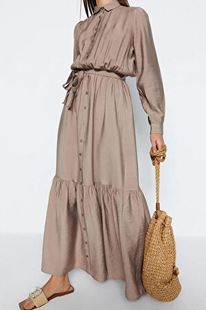 Yeni Regular Casual Günlük Aerobin Dokuma Ceket Yaka Uzun Kol A-Line Maxi Boy Tesettür Elbise