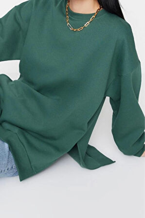 Kadın Oversize Bisiklet Yaka Düşük Kol Uzun Geniş Kalıp Yırtmaç Kalın İçi Polarlı Örme Sweatshirt