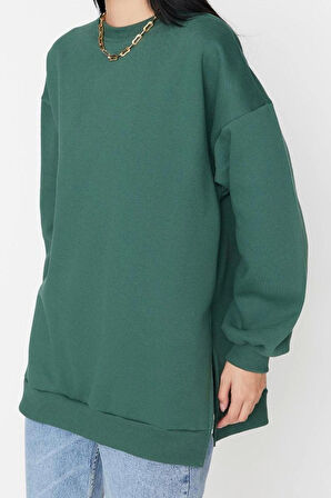 Kadın Oversize Bisiklet Yaka Düşük Kol Uzun Geniş Kalıp Yırtmaç Kalın İçi Polarlı Örme Sweatshirt