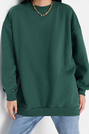 Kadın Oversize Bisiklet Yaka Düşük Kol Uzun Geniş Kalıp Yırtmaç Kalın İçi Polarlı Örme Sweatshirt
