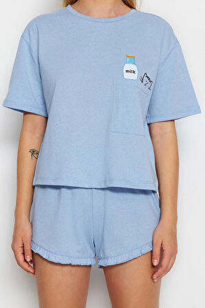 Kadın Pamuklu Bisiklet Yaka Kısa Kol Pamuklu Baskılı T-shirt-Şort Örme Pijama Takımı