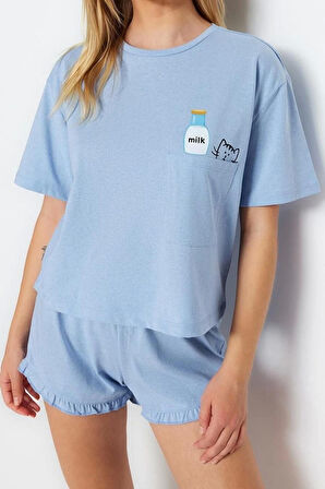 Kadın Pamuklu Bisiklet Yaka Kısa Kol Pamuklu Baskılı T-shirt-Şort Örme Pijama Takımı