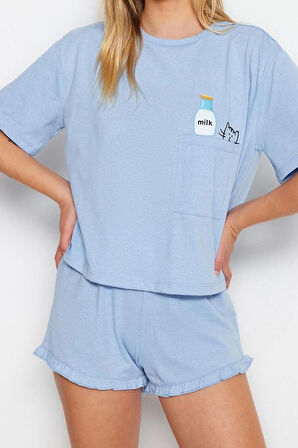 Kadın Pamuklu Bisiklet Yaka Kısa Kol Pamuklu Baskılı T-shirt-Şort Örme Pijama Takımı