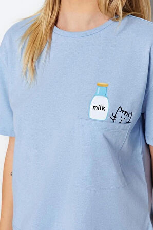 Kadın Pamuklu Bisiklet Yaka Kısa Kol Pamuklu Baskılı T-shirt-Şort Örme Pijama Takımı