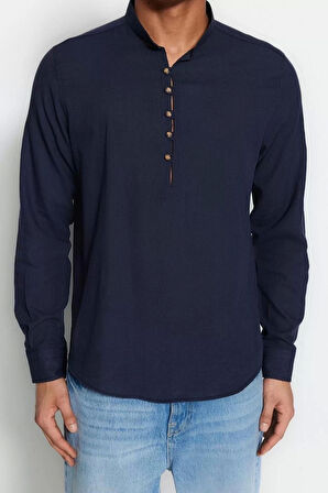 Erkek Moda Uzun Kol Dokuma Koyu Yeşil Slim Fit Yarım Patlı Hakim Yaka %100 Pamuklu Gömlek