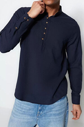 Erkek Moda Uzun Kol Dokuma Koyu Yeşil Slim Fit Yarım Patlı Hakim Yaka %100 Pamuklu Gömlek