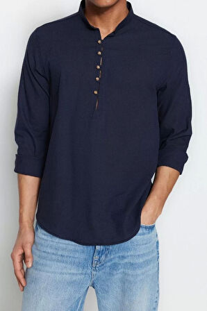 Erkek Moda Uzun Kol Dokuma Koyu Yeşil Slim Fit Yarım Patlı Hakim Yaka %100 Pamuklu Gömlek