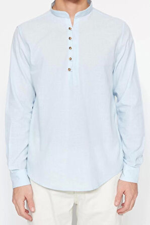 Erkek Moda Uzun Kol Dokuma Koyu Yeşil Slim Fit Yarım Patlı Hakim Yaka %100 Pamuklu Gömlek