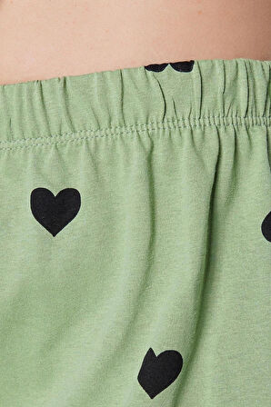Kadın %100 Pamuk Gömlek Yaka Kısa Kol %100 Pamuk Kalp Desenli Gömlek-Şort Örme Pijama Takımı