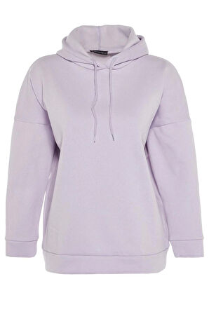 Kadın Oversize Kapüşonlu Düşük Kol Uzun Kalın İçi Polarlı Sırt Baskılı Geniş Kalıp Örme Sweatshirt