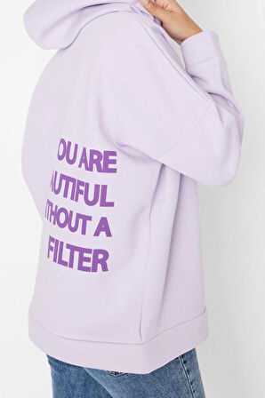 Kadın Oversize Kapüşonlu Düşük Kol Uzun Kalın İçi Polarlı Sırt Baskılı Geniş Kalıp Örme Sweatshirt