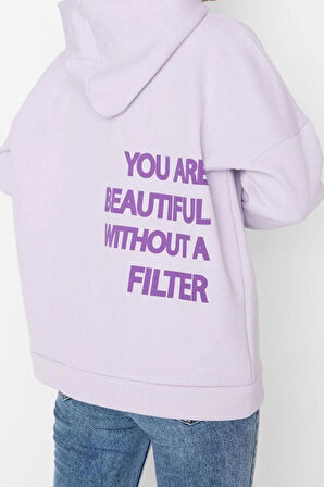 Kadın Oversize Kapüşonlu Düşük Kol Uzun Kalın İçi Polarlı Sırt Baskılı Geniş Kalıp Örme Sweatshirt