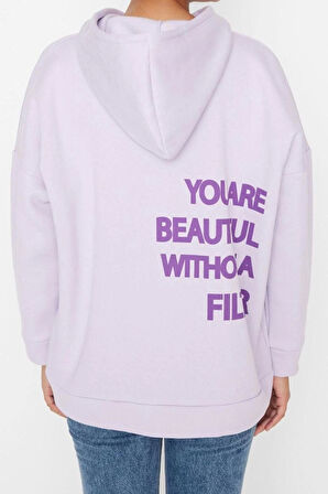 Kadın Oversize Kapüşonlu Düşük Kol Uzun Kalın İçi Polarlı Sırt Baskılı Geniş Kalıp Örme Sweatshirt