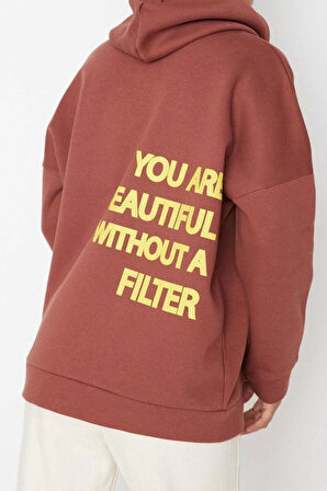Kadın Oversize Kapüşonlu Düşük Kol Uzun Kalın İçi Polarlı Sırt Baskılı Geniş Kalıp Örme Sweatshirt