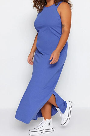 Yeni Slim Casual Günlük Süprem Örme Bisiklet Yaka Kolsuz Kol Shift Midi Boy Büyük Beden Elbise