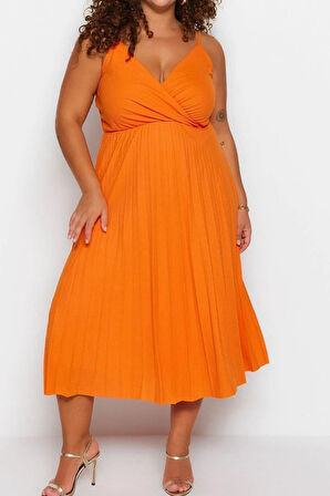 Yeni Rahat Casual Günlük Kaşkorse Örme Kruvaze Askılı Kol A-Line Midi Boy Büyük Beden Elbise