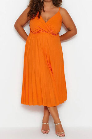 Yeni Rahat Casual Günlük Kaşkorse Örme Kruvaze Askılı Kol A-Line Midi Boy Büyük Beden Elbise