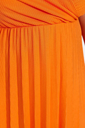 Yeni Rahat Casual Günlük Kaşkorse Örme Kruvaze Askılı Kol A-Line Midi Boy Büyük Beden Elbise