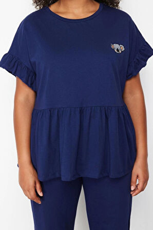 Büyük Beden Kadın Polyester Karışımlı Bisiklet Yaka Kısa Kol Örme Nakışlı Volanlı Pijama Takımı