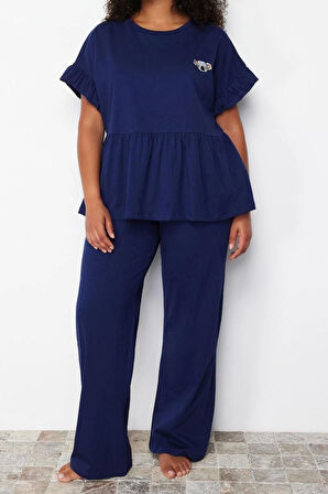 Büyük Beden Kadın Polyester Karışımlı Bisiklet Yaka Kısa Kol Örme Nakışlı Volanlı Pijama Takımı