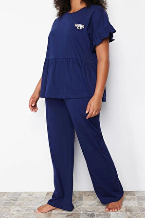 Büyük Beden Kadın Polyester Karışımlı Bisiklet Yaka Kısa Kol Örme Nakışlı Volanlı Pijama Takımı