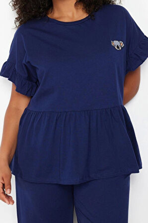 Büyük Beden Kadın Polyester Karışımlı Bisiklet Yaka Kısa Kol Örme Nakışlı Volanlı Pijama Takımı