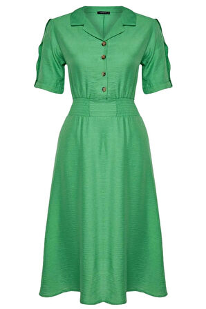 Yeni Rahat Casual Günlük Aerobin Dokuma Gömlek Yaka Kısa Kol A-Line Midi Boy Büyük Beden Elbise