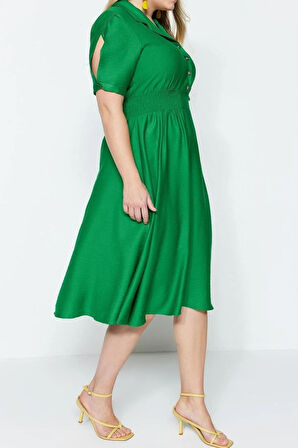 Yeni Rahat Casual Günlük Aerobin Dokuma Gömlek Yaka Kısa Kol A-Line Midi Boy Büyük Beden Elbise