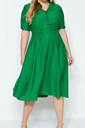 Yeni Rahat Casual Günlük Aerobin Dokuma Gömlek Yaka Kısa Kol A-Line Midi Boy Büyük Beden Elbise