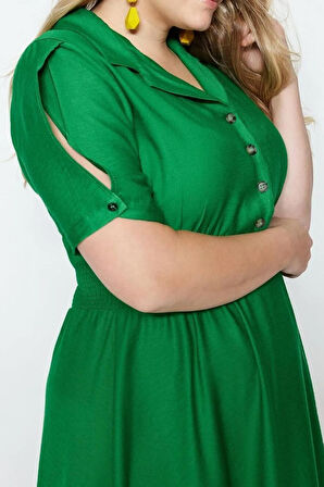 Yeni Rahat Casual Günlük Aerobin Dokuma Gömlek Yaka Kısa Kol A-Line Midi Boy Büyük Beden Elbise