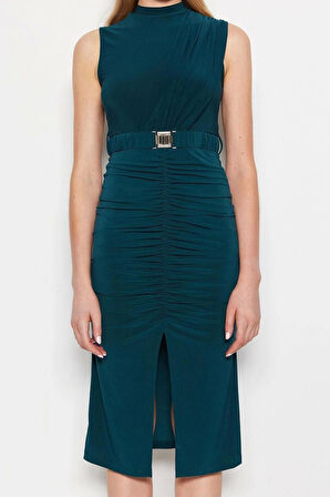 Yeni Slim Gündüz Gece Sandy Örme Dik Yaka Kolsuz Kol Bodycone Midi Boy Elbise