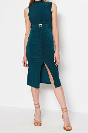 Yeni Slim Gündüz Gece Sandy Örme Dik Yaka Kolsuz Kol Bodycone Midi Boy Elbise